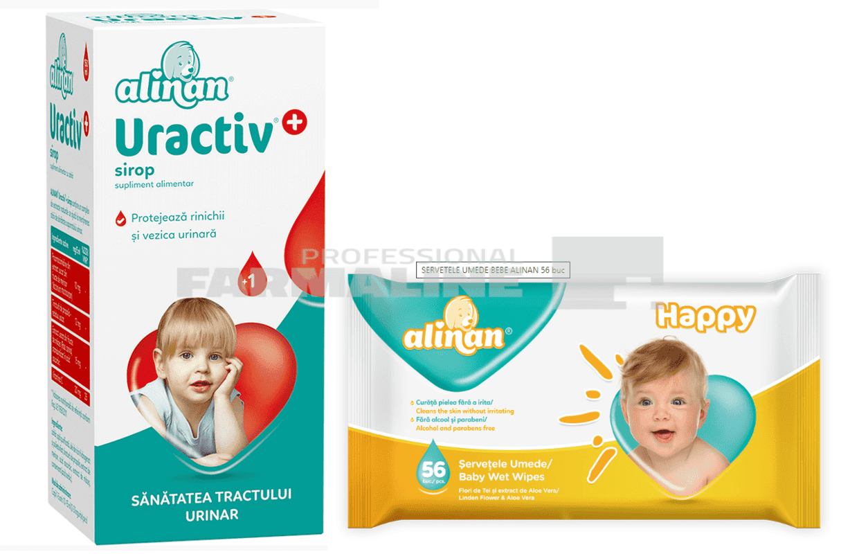 Alinan Uractiv sirop 150 ml + Alinan Happy servetele 56 bucati 1 Alinan Uractiv sirop 150 ml + Alinan Happy servetele 56 bucati