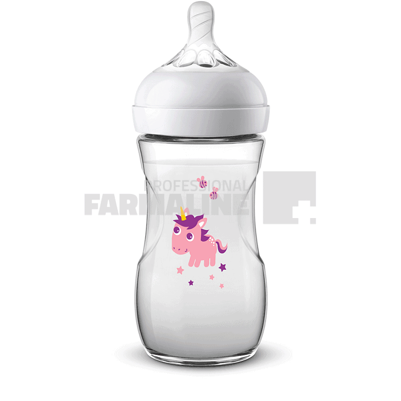 Avent Natural SCF070/25 Biberon cu tetina ultra soft imprimeu unicorn roz mov 260 ml