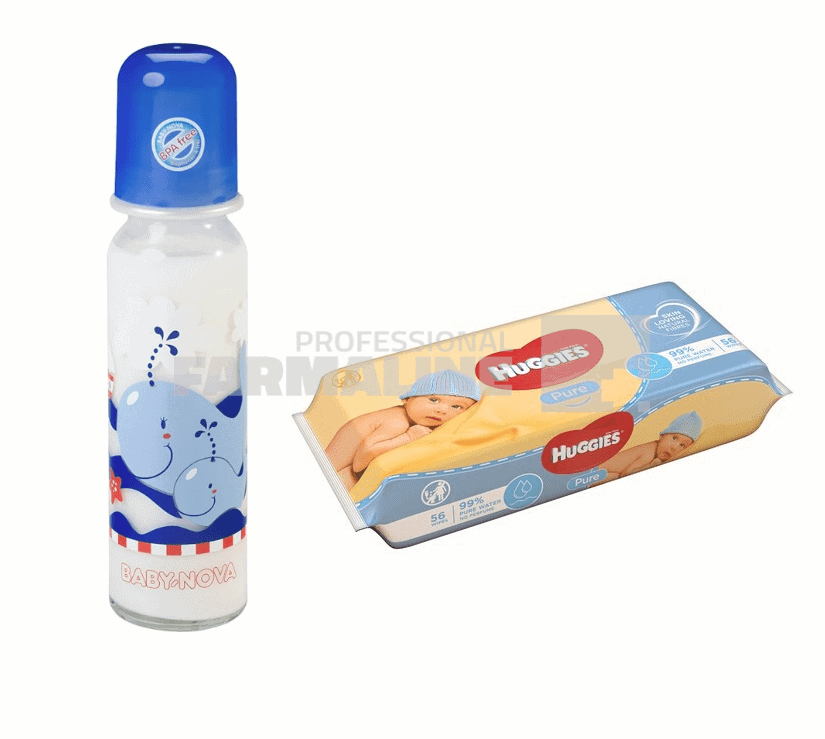 Baby Nova 43705-5 Biberon Sticla 250 ml + Servetele Huggies Pure 56 bucati - Pachet 1 Baby Nova 43705-5 Biberon Sticla 250 ml + Servetele Huggies Pure 56 bucati - Pachet