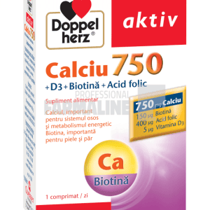Doppelherz Aktiv Calciu 750 + D3 + Biotina + Acid folic 30 comprimate