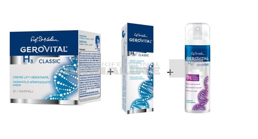 Gerovital H3 Crema intensiv hidratanta de zi 50 ml + Crema contur ochi/ buze 15 ml + Deo Spray Sensitive 150 ml 1 Gerovital H3 Crema intensiv hidratanta de zi 50 ml + Crema contur ochi/ buze 15 ml + Deo Spray Sensitive 150 ml
