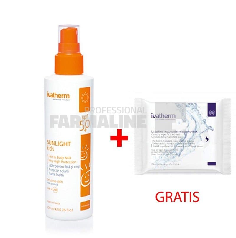 Ivatherm Pachet Sunlight Kids Lapte protectie solara SPF50 200 ml + Servetele demachiante 25 bucati Cadou 1 Ivatherm Pachet Sunlight Kids Lapte protectie solara SPF50 200 ml + Servetele demachiante 25 bucati Cadou