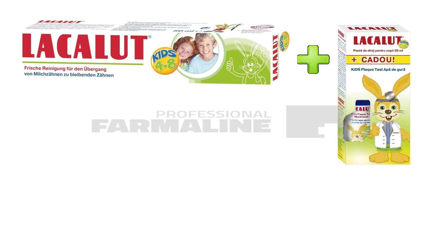 Lacalut Kinder Kids Pachet Pasta de dinti 4-8 ani 50 ml + Lacalut Kids Plaque Test Apa de gura 50 ml Cadou 1 Lacalut Kinder Kids Pachet Pasta de dinti 4-8 ani 50 ml + Lacalut Kids Plaque Test Apa de gura 50 ml Cadou