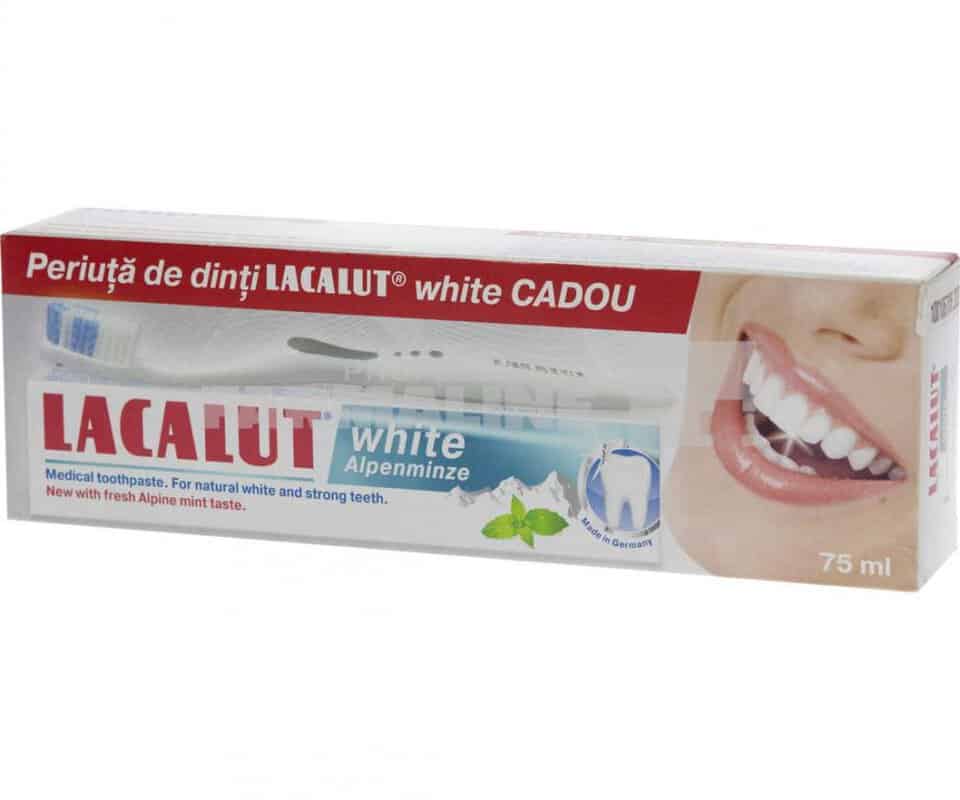 Lacalut White Alpenminze Pasta de dinti 75 ml + Lacalut White Periuta de dinti Cadou 1 Lacalut White Alpenminze Pasta de dinti 75 ml + Lacalut White Periuta de dinti Cadou