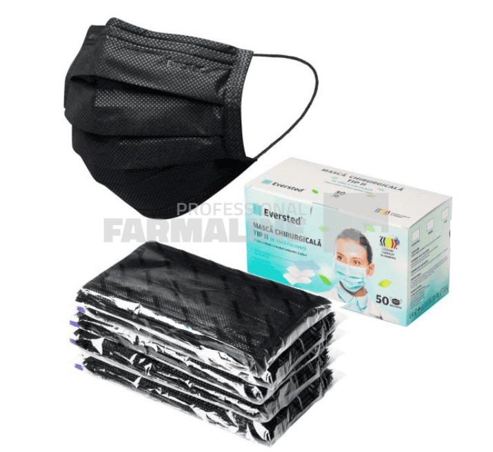 Masca chirurgicala tip II de unica folosinta, neagra cutie cu 50 bucati Eversted 1 Masca chirurgicala tip II de unica folosinta