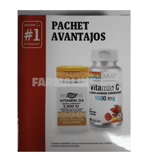 Pachet Imunitate Vitamina D3 2000 U.I adulti 30 capsule + Vitamina C 1000 mg adulti 30 capsule 1 Pachet Imunitate Vitamina D3 2000 U.I adulti 30 capsule + Vitamina C 1000 mg adulti 30 capsule