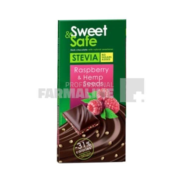 Sweet&Safe Ciocolata amaruie cu Seminte de Canepa si Zmeura 90 g