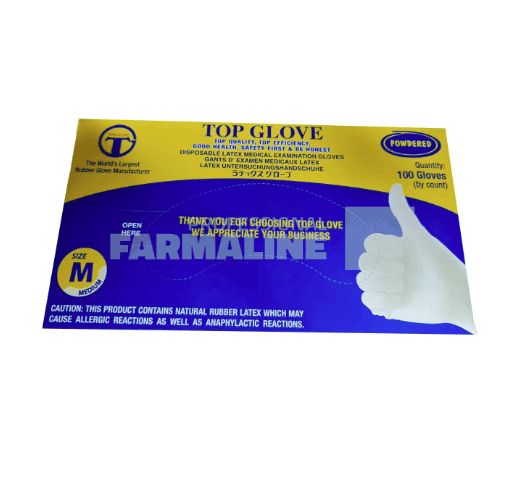 Top Glove Manusi examinare latex alb usor pudrate ''M'' 100 bucati 1 Top Glove Manusi examinare latex alb usor pudrate ''M'' 100 bucati