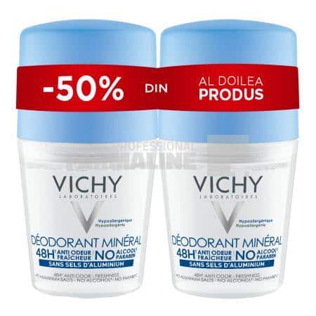 Vichy Deodorant roll-on mineral fara saruri de aluminiu 48h 50 ml 1 + 1 50%din al II-lea