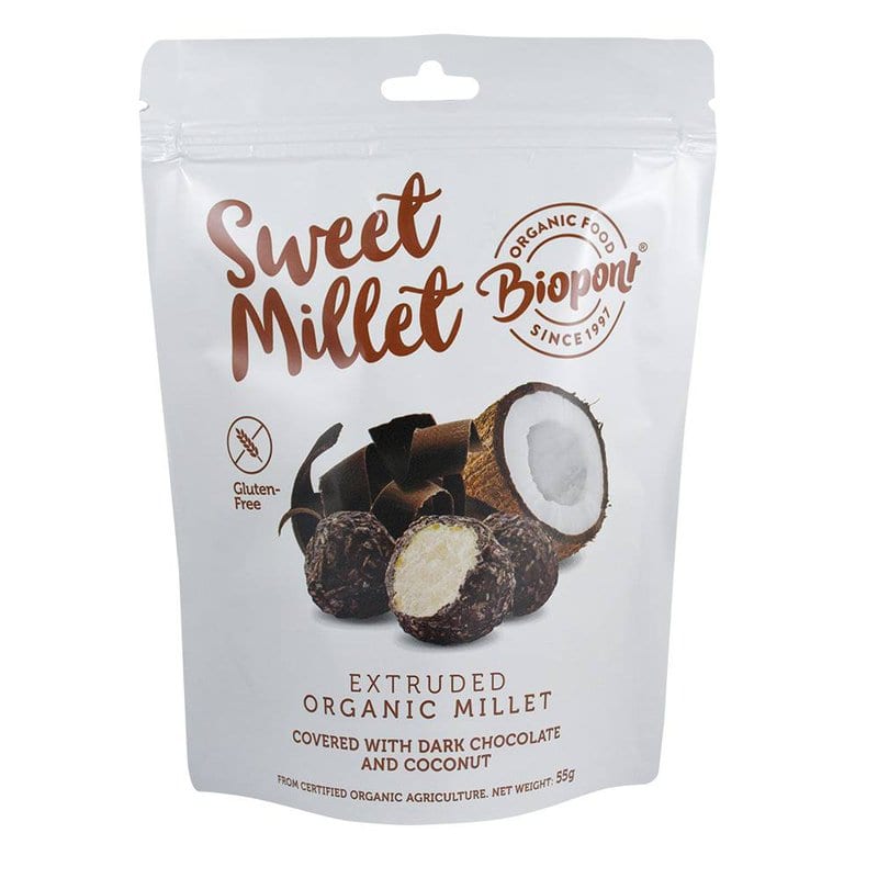 Bilute din mei expandat invelite in ciocolata neagra si cocos