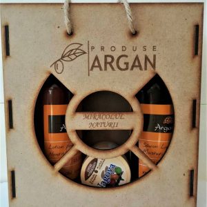 Set cadou cutie de lemn Lotiune de corp + Crema hidratanta + Sapun lichid cu argan