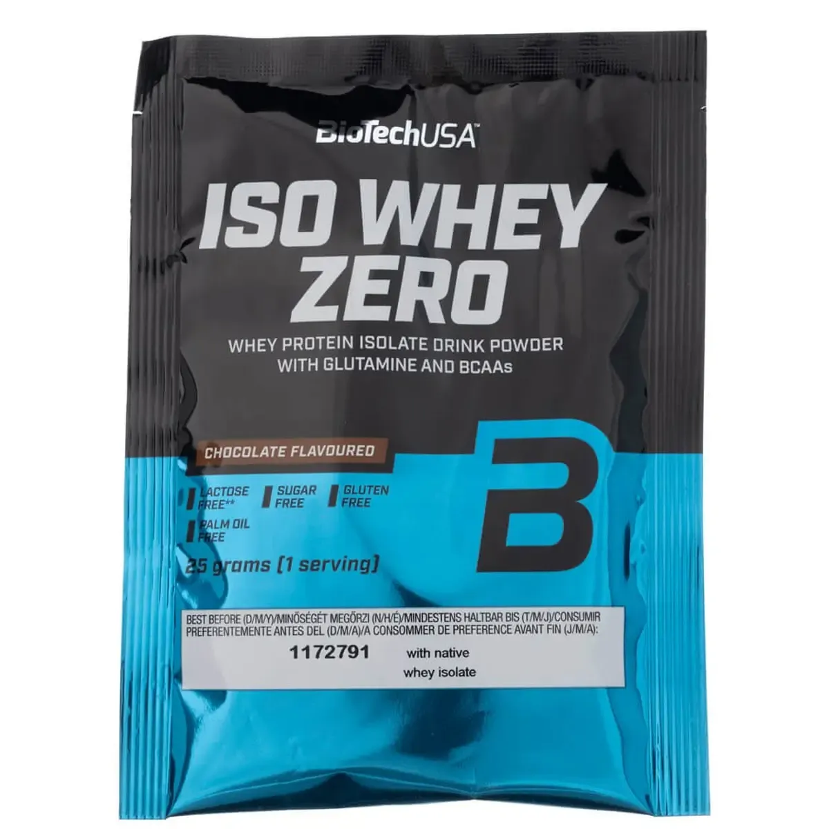 Izolat proteic din zer (WPI) adaos de L-glutamina si BCAA Iso Whey 25g aroma de ciocolata fara lactoza