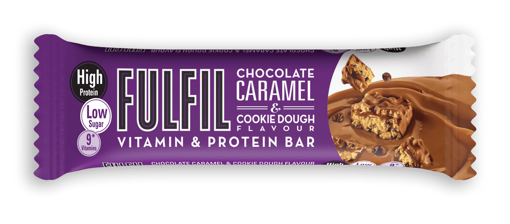 Baton proteic cu 9 vitamine Chocolate and Caramel Cookie Dough, 55g, Fulfil Nutrition 1 Baton proteic cu 9 vitamine Chocolate and Caramel Cookie Dough