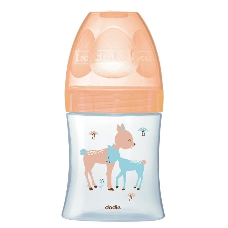 Biberon din sticla cu functie senzoriala si tetina plata anti-colici 0-6 luni Debit 1 Caprioara