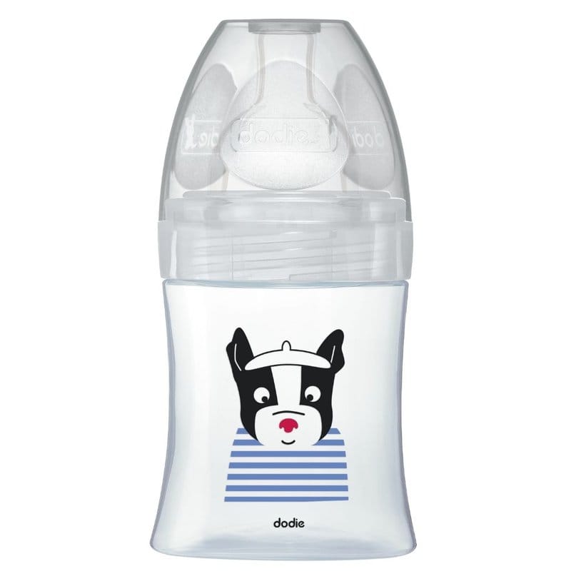 Biberon din sticla cu functie senzoriala si tetina plata anti-colici 0-6 luni Debit 1 Paris