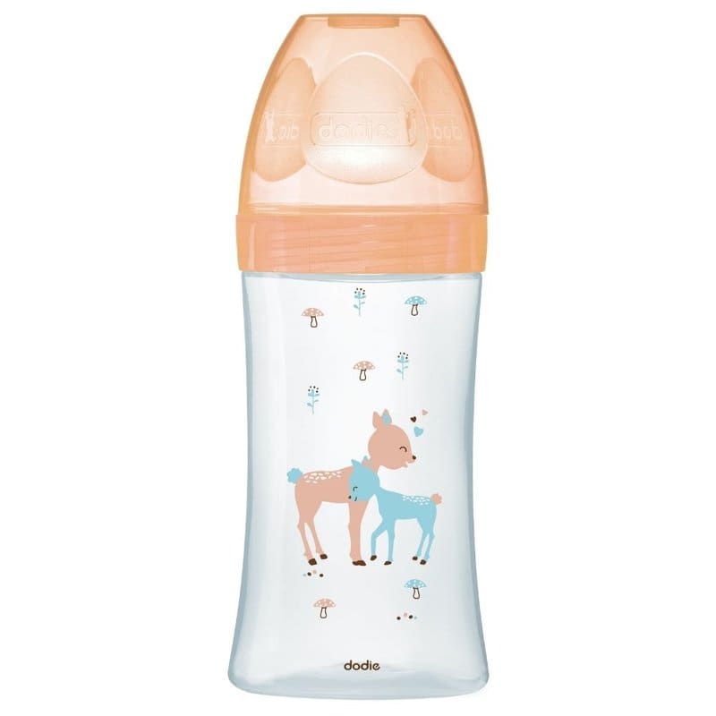 Biberon din sticla cu functie senzoriala si tetina plata anti-colici 0-6 luni Debit 2 Caprioara