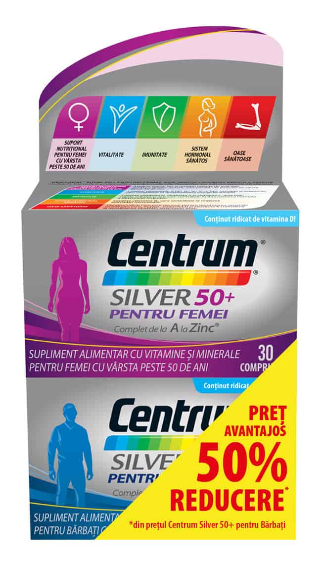 CENTRUM SILVER 50+ PACHET FEMEI*30 CPR + BARBATI*30 CPR 1 + 50% LA AL DOILEA PRODUS 1 CENTRUM SILVER 50+ PACHET FEMEI*30 CPR + BARBATI*30 CPR 1 + 50% LA AL DOILEA PRODUS