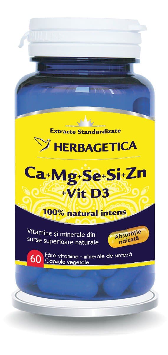 Ca+Mg+Se+Si+Zn Organice cu Vitamina D3, 60 capsule, Herbagetica 1 Ca+Mg+Se+Si+Zn Organice cu Vitamina D3