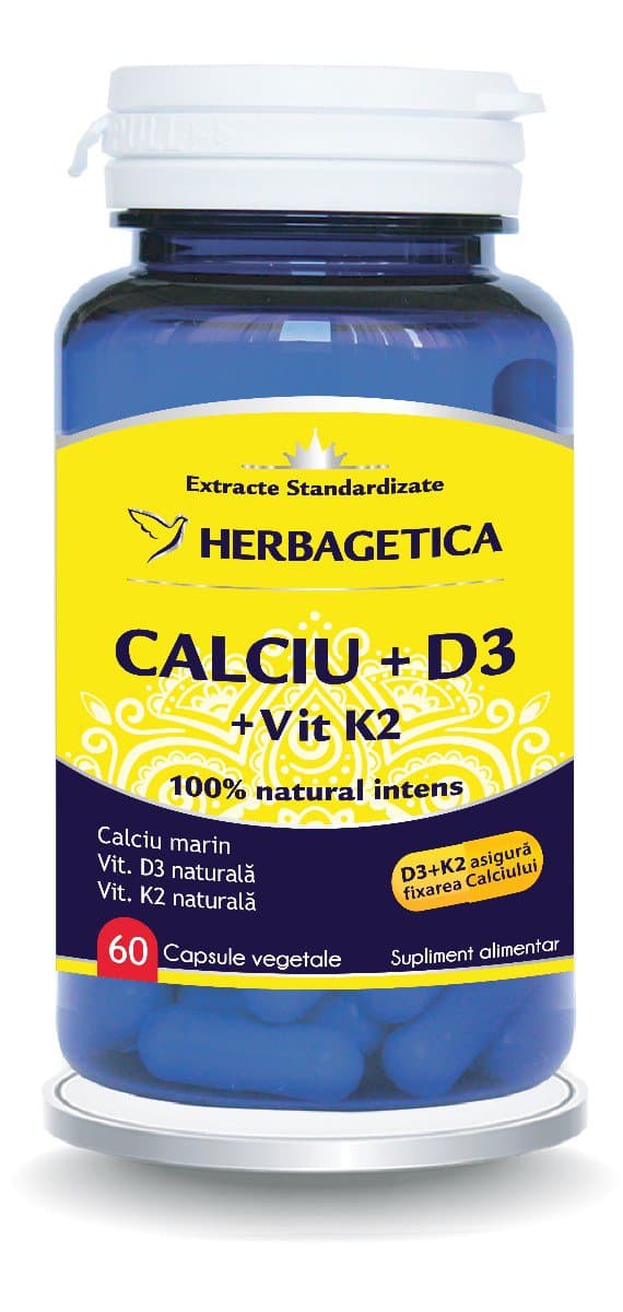 Calciu + D3 cu Vitamina K2, 60 capsule, Herbagetica 1 Calciu + D3 cu Vitamina K2