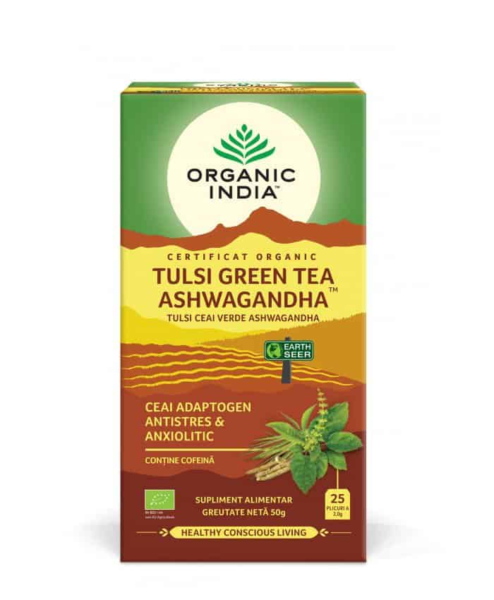 Ceai ashwagandha si ceai verde Tusli, 25 plicuri, Organic India 1 Ceai ashwagandha si ceai verde Tusli