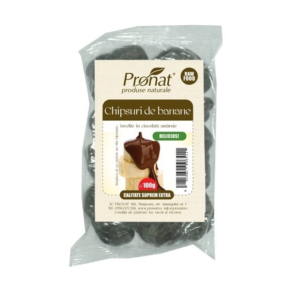 Chipsuri banane glazura ciocolata amaruie 100g - PRONAT