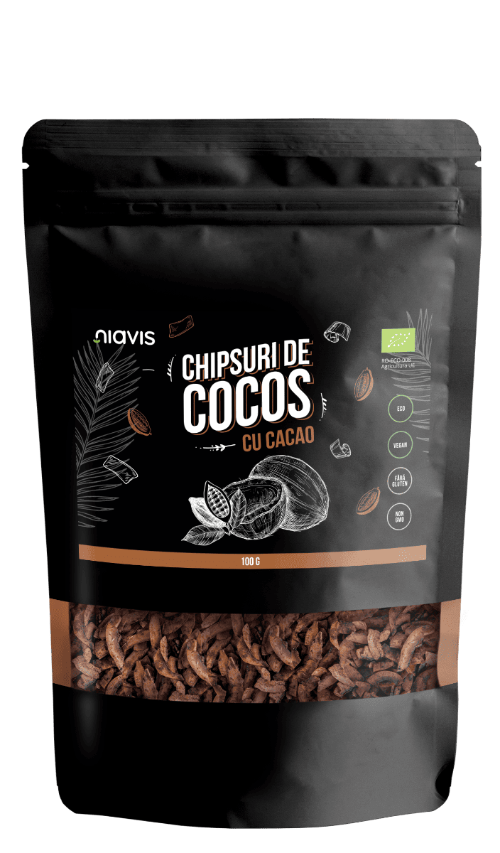 Chipsuri de cocos cu cacao Eco, 100g, Niavis 1 Chipsuri de cocos cu cacao Eco