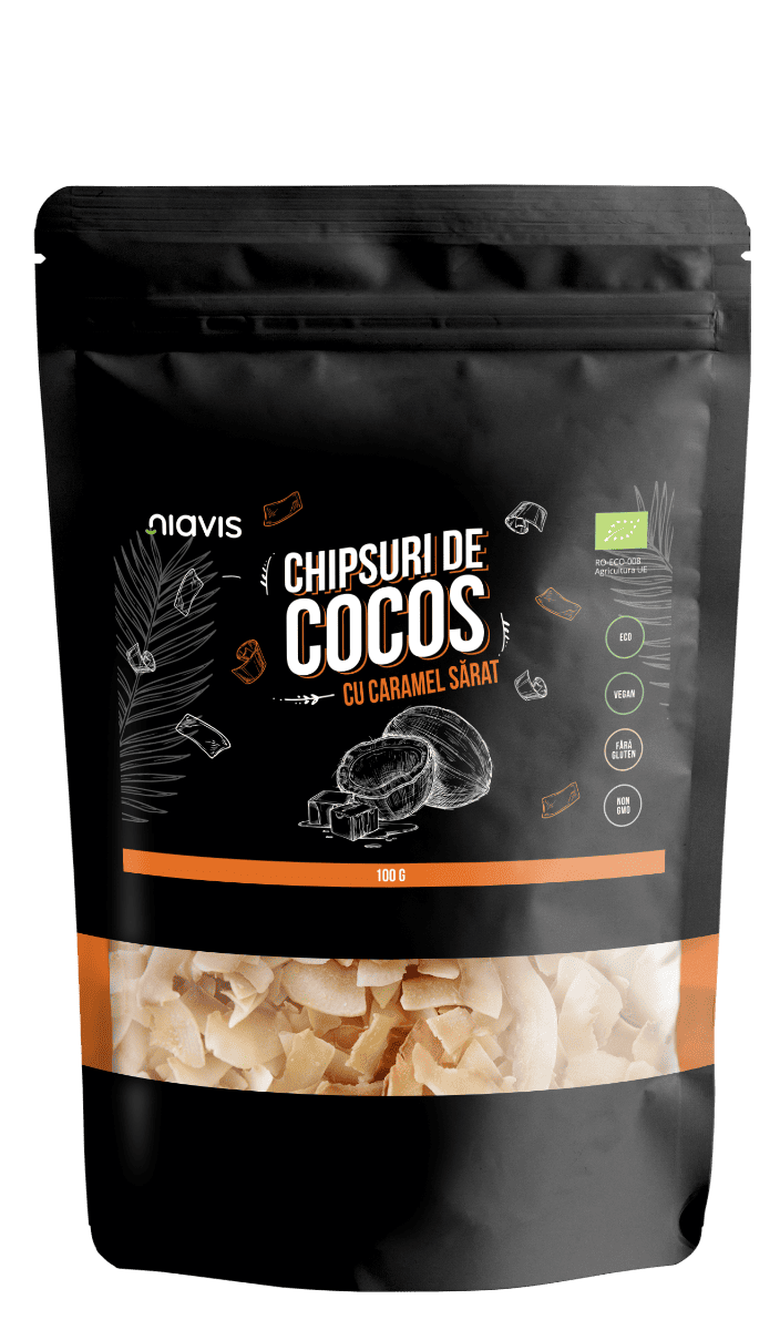 Chipsuri de cocos cu caramel sarat Eco, 100g, Niavis 1 Chipsuri de cocos cu caramel sarat Eco