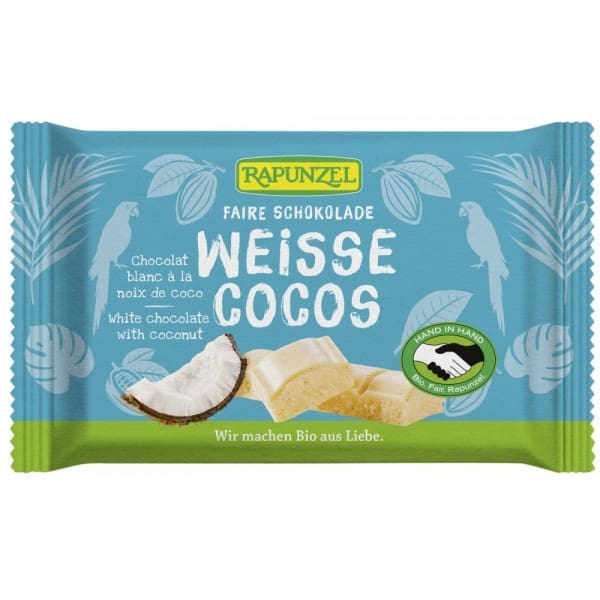 Ciocolata alba bio cu bucatele de cocos Cristalino
