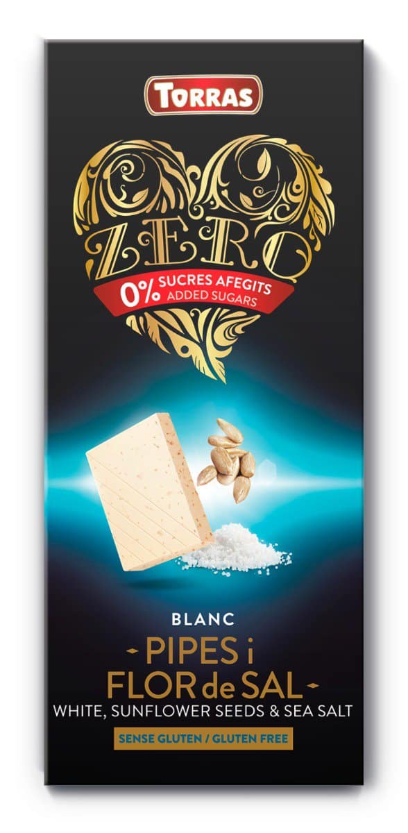 Ciocolata alba cu floarea soarelui si sare de mare fara zahar si gluten Zero, 125g, Torras 1 Ciocolata alba cu floarea soarelui si sare de mare fara zahar si gluten Zero
