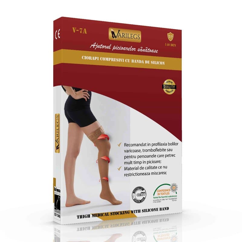 Ciorapi compresivi cu banda de silicon pana la coapsa 140 deni 18-22 MmHg V7-A L bej