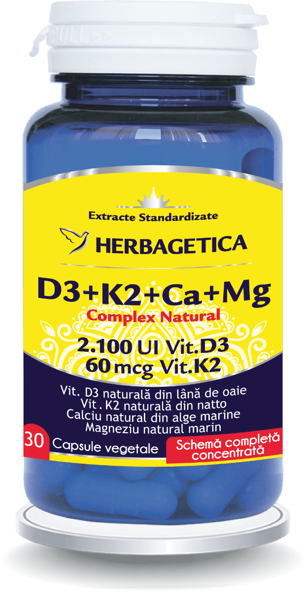 Complex Natural D3+K2+Ca, 30 capsule vegetale, Herbagetica 1 Complex Natural D3+K2+Ca