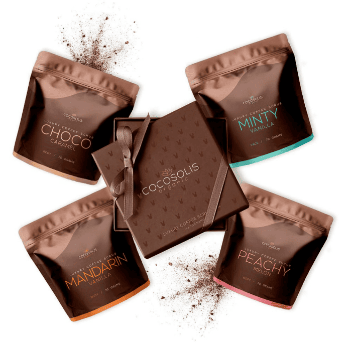 Cutie cu 4 scruburi Luxury Coffee Scrub Box, 280ml, Cocosolis 1 Cutie cu 4 scruburi Luxury Coffee Scrub Box