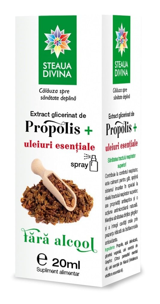 Extract glicerinat de propolis cu uleiuri esentiale, 20ml, Steaua Divina 1 Extract glicerinat de propolis cu uleiuri esentiale