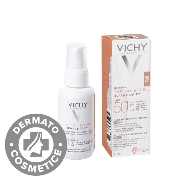 Fluid colorat cu protectie solara SPF 50+ pentru fata impotriva foto-imbatranirii cu peptide si niacinamida UV Age Capital Soleil