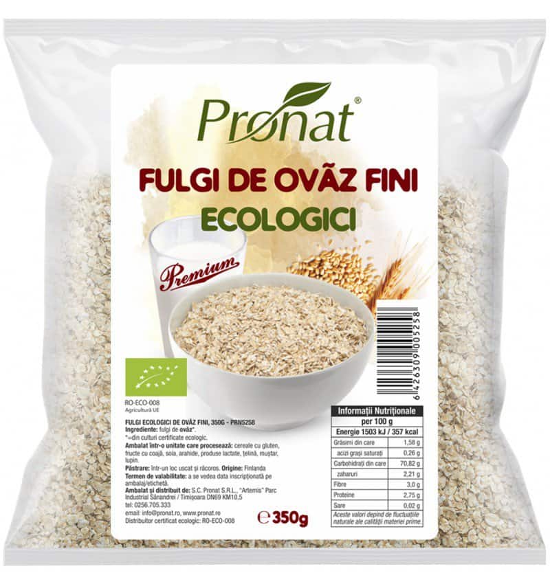 Fulgi de ovaz fini Bio, 350g, Pronat 1 Fulgi de ovaz fini Bio