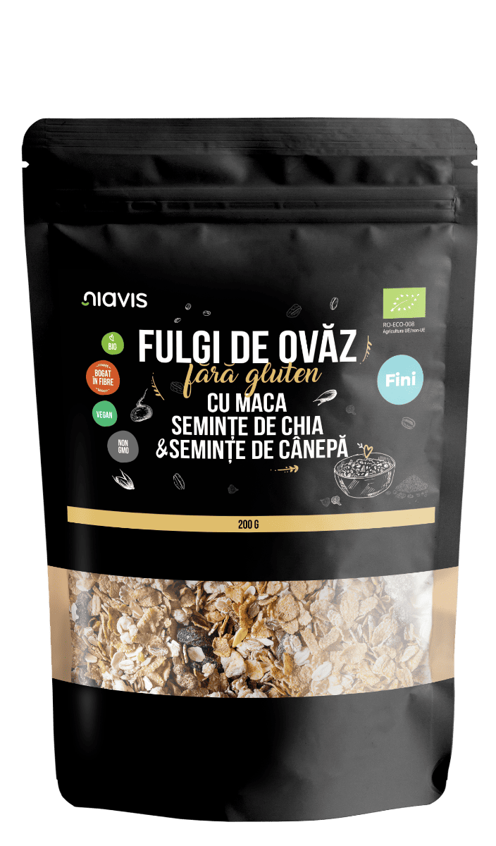 Fulgi de ovaz fini fara gluten cu maca, chia si seminte de canepa Eco, 200g, Niavis 1 Fulgi de ovaz fini fara gluten cu maca