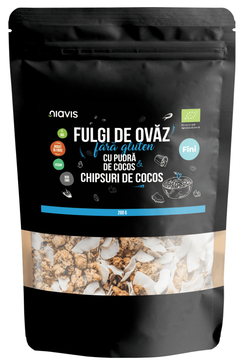 Fulgi de ovaz fini fara gluten cu pudra si chipsuri de cocos Eco, 200g, Niavis 1 Fulgi de ovaz fini fara gluten cu pudra si chipsuri de cocos Eco