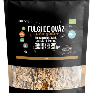 Fulgi de ovaz fini fara gluten cu scortisoara, cocos, chia si seminte de canepa Eco, 200g, Niavis – ofertă, preț și specificații