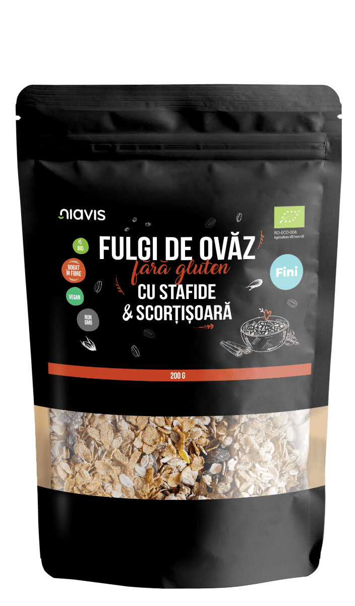 Fulgi de ovaz fini fara gluten cu stafide si scortisoara, 200g, Niavis 1 Fulgi de ovaz fini fara gluten cu stafide si scortisoara