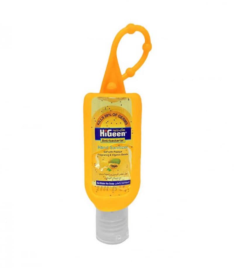 Gel dezinfectant cu granule de vitamine A si E si lotiune hidratanta Papaya cu agatatoare, 50ml, HiGeen 1 Gel dezinfectant cu granule de vitamine A si E si lotiune hidratanta Papaya cu agatatoare
