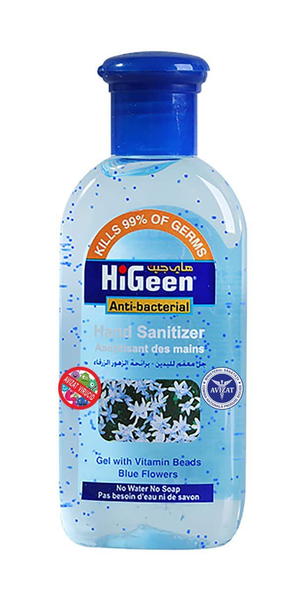 Gel dezinfectant de maini cu granule de Vitamina A, E si lotiune hidratanta cu aroma de Blue Flowers, 50m, HiGeen 1 Gel dezinfectant de maini cu granule de Vitamina A