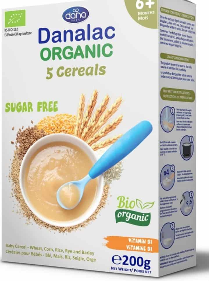 Mancare pentru bebelusi bio Organic 5 Cereale 6m+ fara zahar, 200g, Danalac 1 Mancare pentru bebelusi bio Organic 5 Cereale 6m+ fara zahar