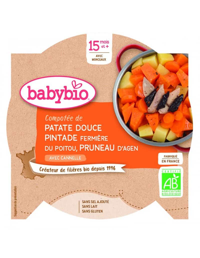 Meniu cartofi dulci cu pune uscate si carne de bibilica, 260g, BabyBio 1 Meniu cartofi dulci cu pune uscate si carne de bibilica