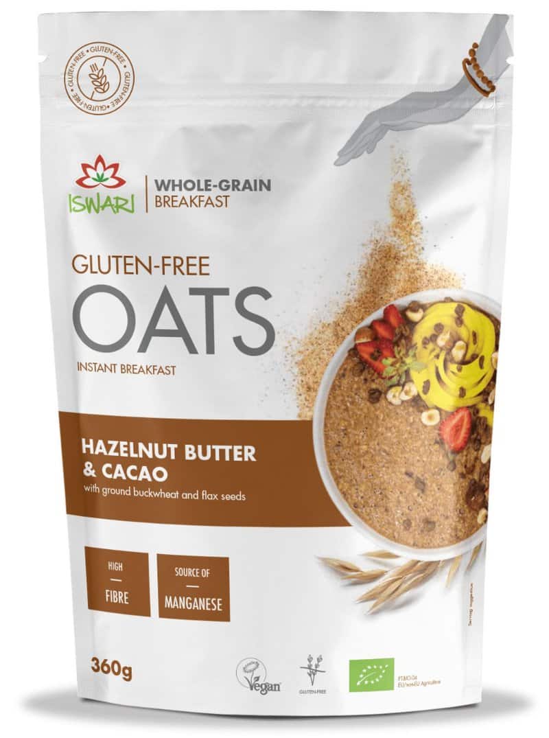 Mic dejun instant bio fara zahar cu ovaz, cacao si unt de alune de padure, 360g, Iswari 1 Mic dejun instant bio fara zahar cu ovaz