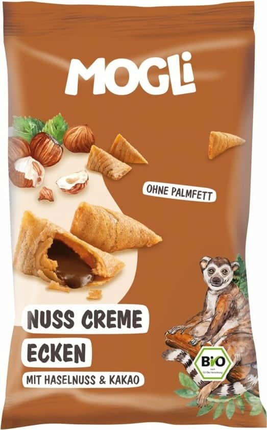 Mini pernute crocante umplute cu crema de cacao si alune (40%) Eco, 30g, Mogli 1 Mini pernute crocante umplute cu crema de cacao si alune (40%) Eco