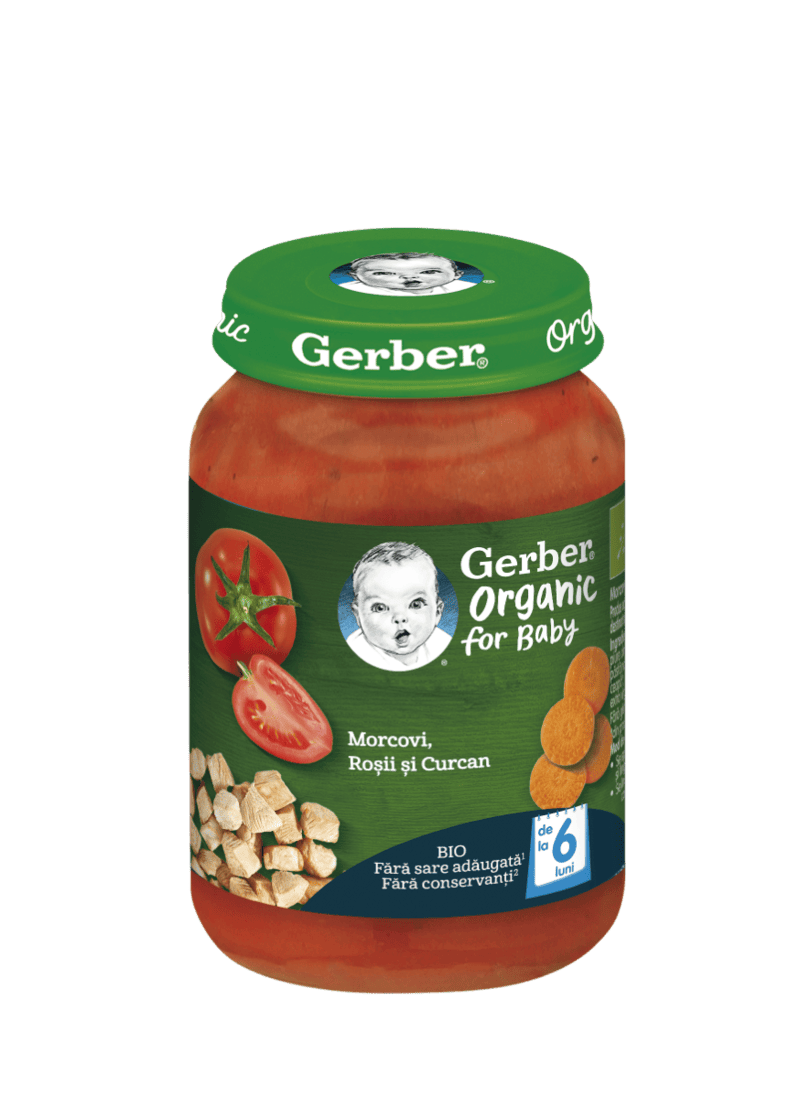 Morcovi cu rosii si curcan +6 luni, 190g, Gerber 1 Morcovi cu rosii si curcan +6 luni
