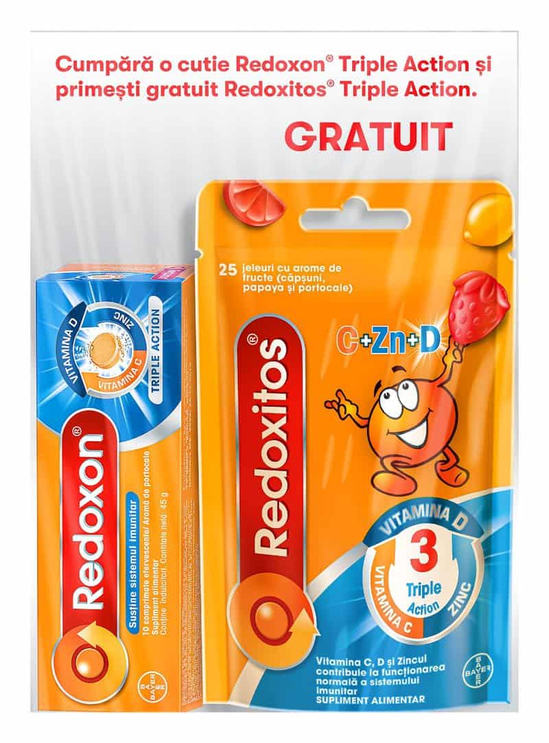 Pachet Redoxon Triple Action 10 comprimate efervescente + Redoxitos Triple Action 25 jeleuri Gratuit, Bayer 1 Pachet Redoxon Triple Action 10 comprimate efervescente + Redoxitos Triple Action 25 jeleuri Gratuit