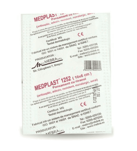 Pansament cu rivanol 10 x 6cm, 1 bucata, Medplast 1 Pansament cu rivanol 10 x 6cm