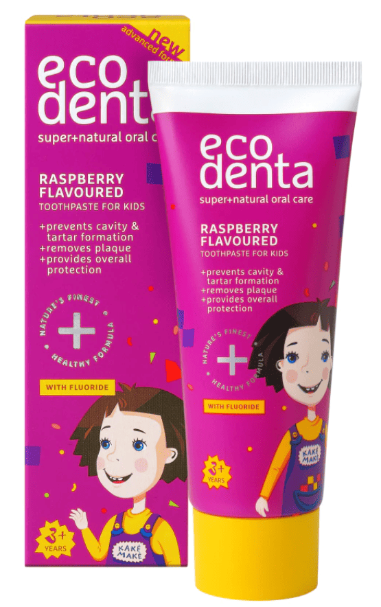 Pasta de dinti naturala pentru copii cu gust de zmeura contra tartu & carii, 75ml, Ecodenta 1 Pasta de dinti naturala pentru copii cu gust de zmeura contra tartu & carii