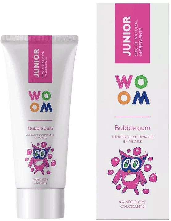Pasta de dinti pentru copii 6+ ani Junior Bubble Gum, 50ml, Woom 1 Pasta de dinti pentru copii 6+ ani Junior Bubble Gum